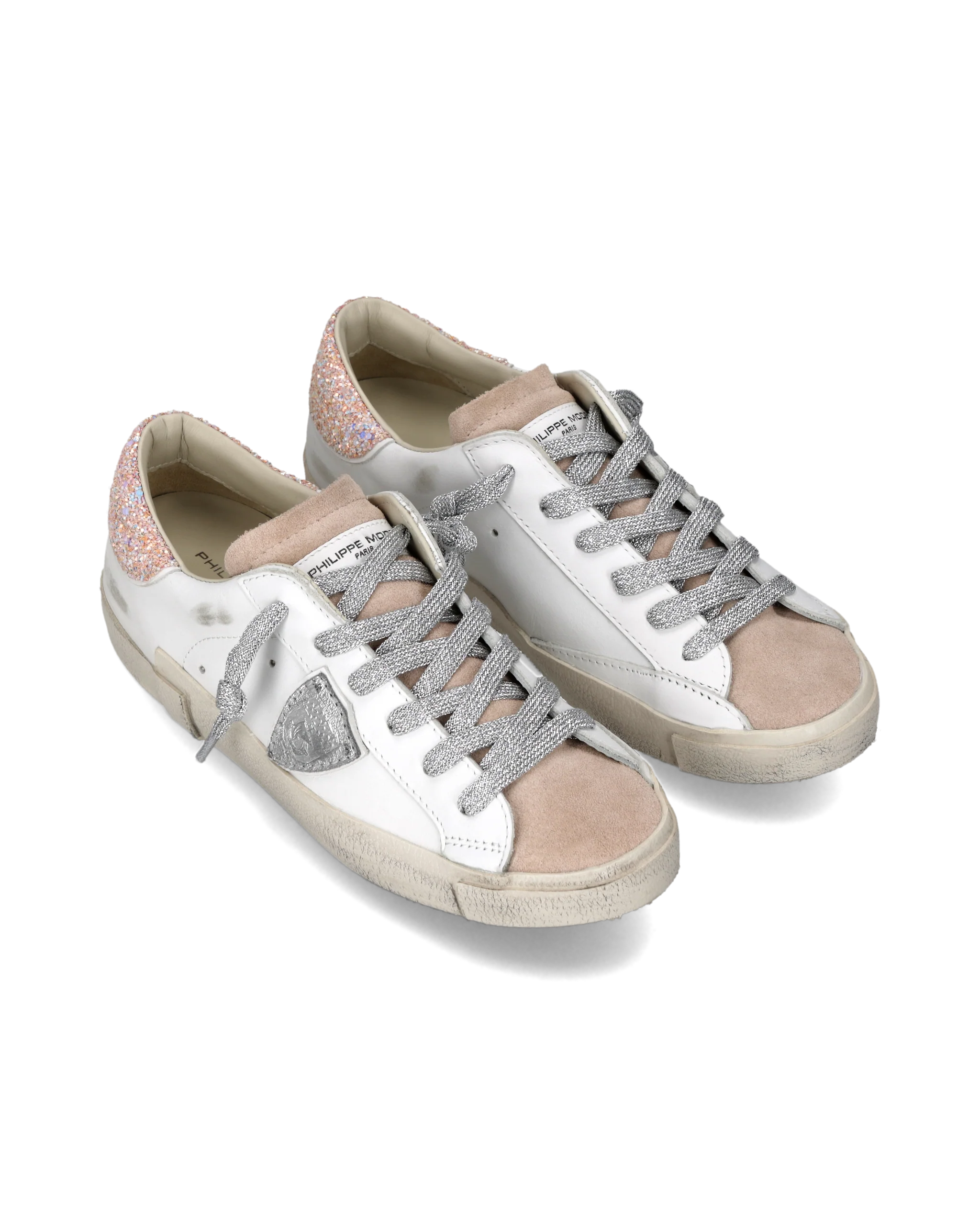 Sneakers Prsx Women with Glitter heel tab, White Pink Silver - Image 2